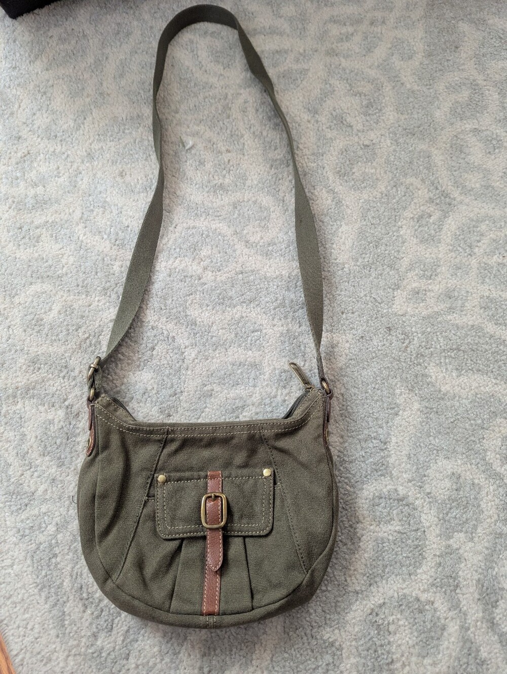 Fossil Olive Green Canvas Crossbody with Brown Trim